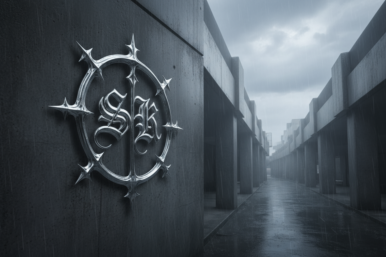 Chciałbym wygenerować zdjęcie dla mojej marki odzieżowej "SK". Logo w stylu chrome hearts/misbhv, na tle jakiegoś ponurego, szarego miejsca w Japonii.